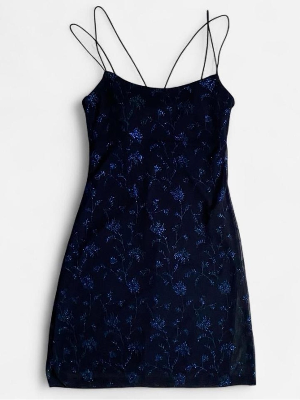 Vintage Y2K dark blue sparkly strappy floral mini dress